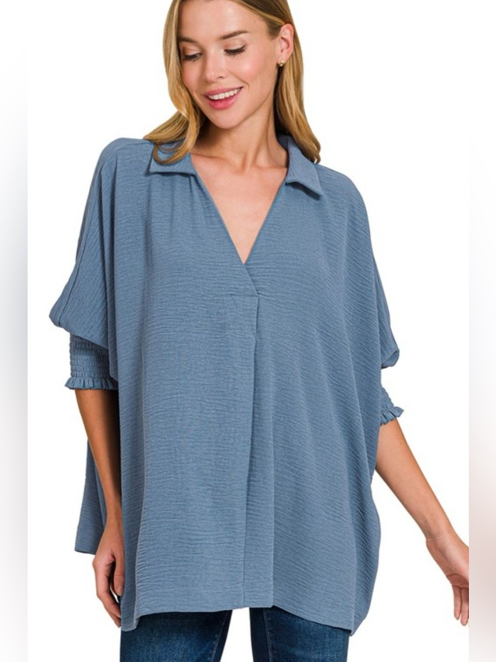 Zenana Airflow Collar Tee with Smocked Sleeve Band Top